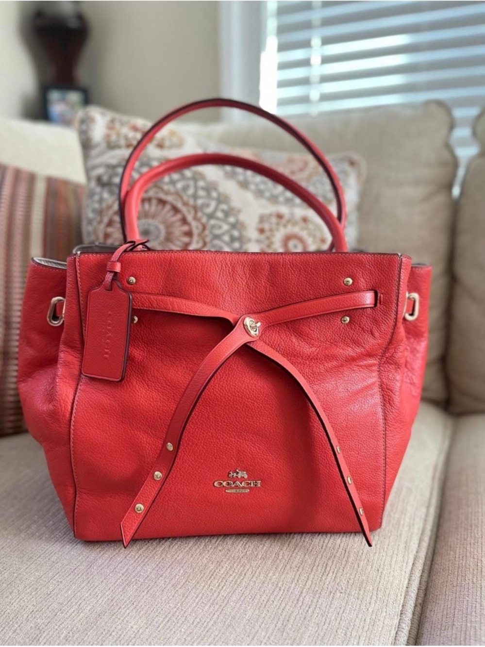 Coach Red Pebbled Leather Tote with Bow Accent